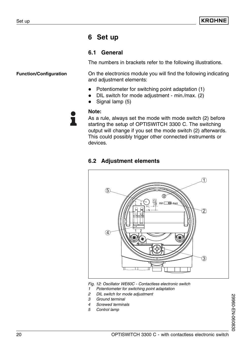 6 set up, 1 general, 2 adjustment elements | KROHNE OPTISWITCH 3300C Contactless EN User Manual | Page 20 / 36