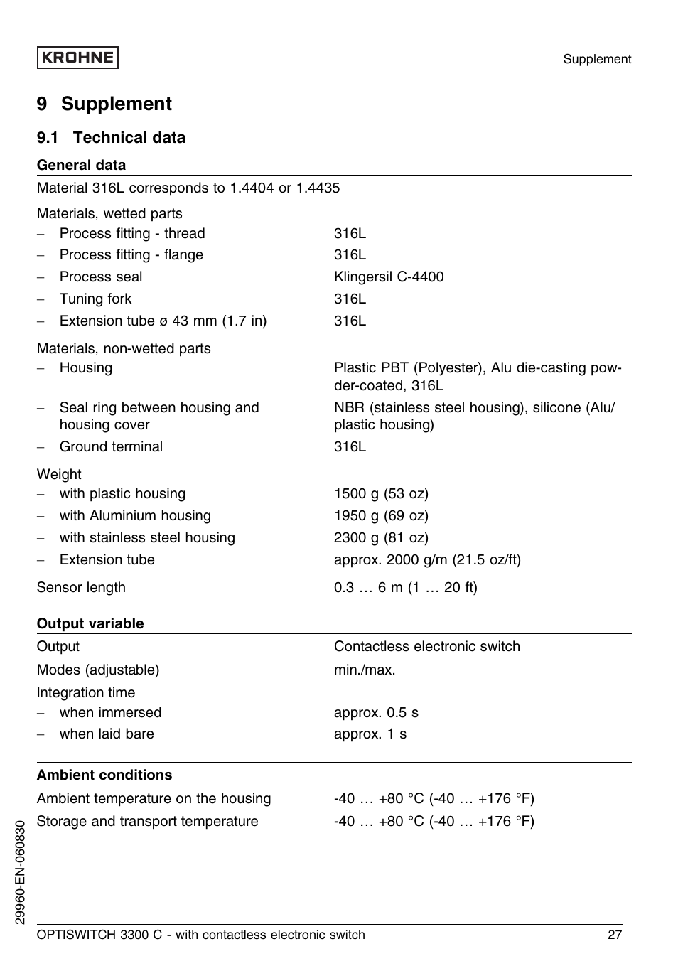 9 supplement, 1 technical data | KROHNE OPTISWITCH 3300C Contactless EN User Manual | Page 27 / 36