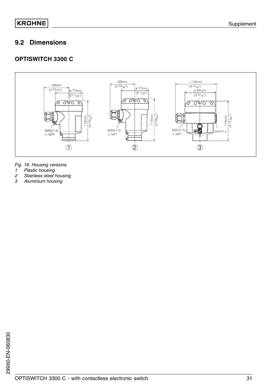 2 dimensions, Optiswitch 3300 c | KROHNE OPTISWITCH 3300C Contactless EN User Manual | Page 31 / 36