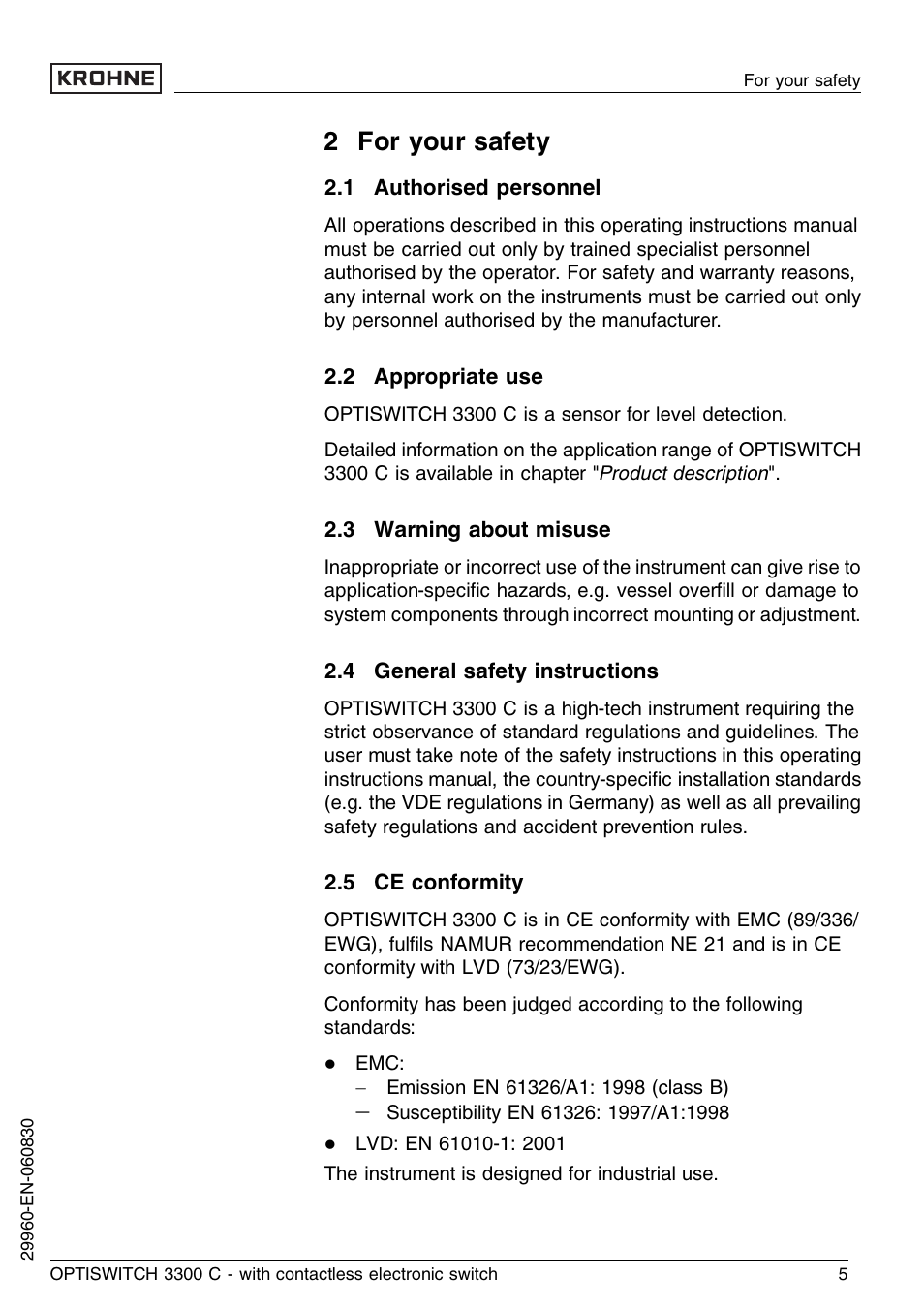 2 for your safety, 1 authorised personnel, 2 appropriate use | 3 warning about misuse, 4 general safety instructions, 5 ce conformity | KROHNE OPTISWITCH 3300C Contactless EN User Manual | Page 5 / 36