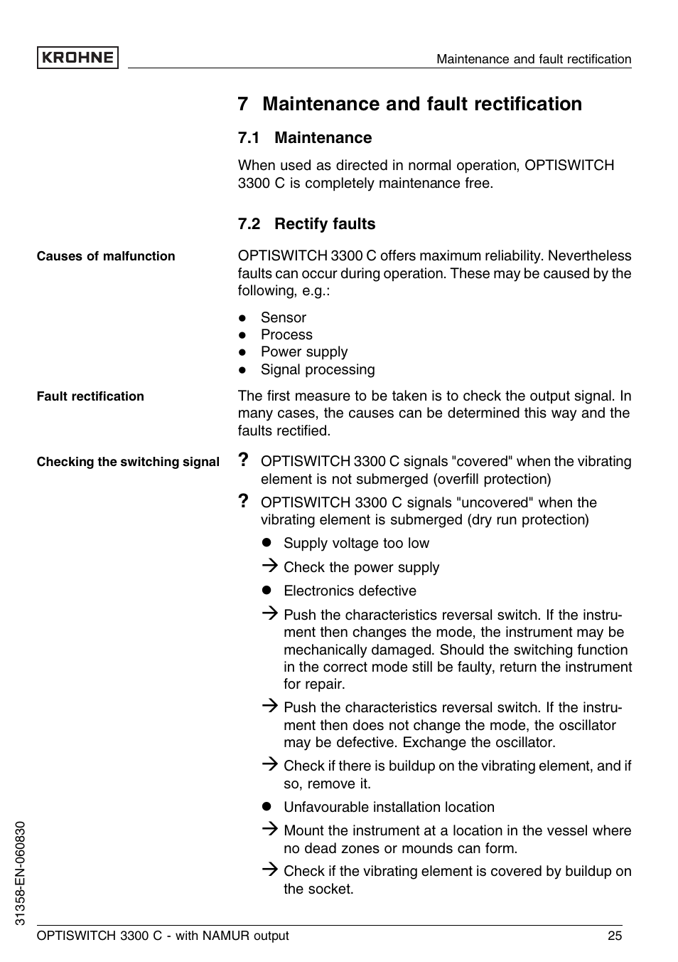 7 maintenance and fault rectification, 1 maintenance, 2 rectify faults | 7 maintenance and fault rectiﬁcation | KROHNE OPTISWITCH 3300C NAMUR EN User Manual | Page 25 / 40