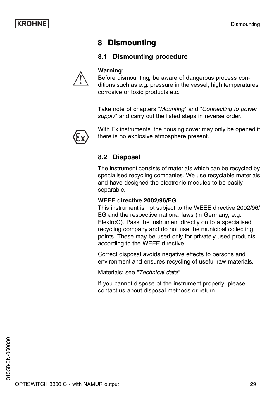 8 dismounting, 1 dismounting procedure, 2 disposal | KROHNE OPTISWITCH 3300C NAMUR EN User Manual | Page 29 / 40
