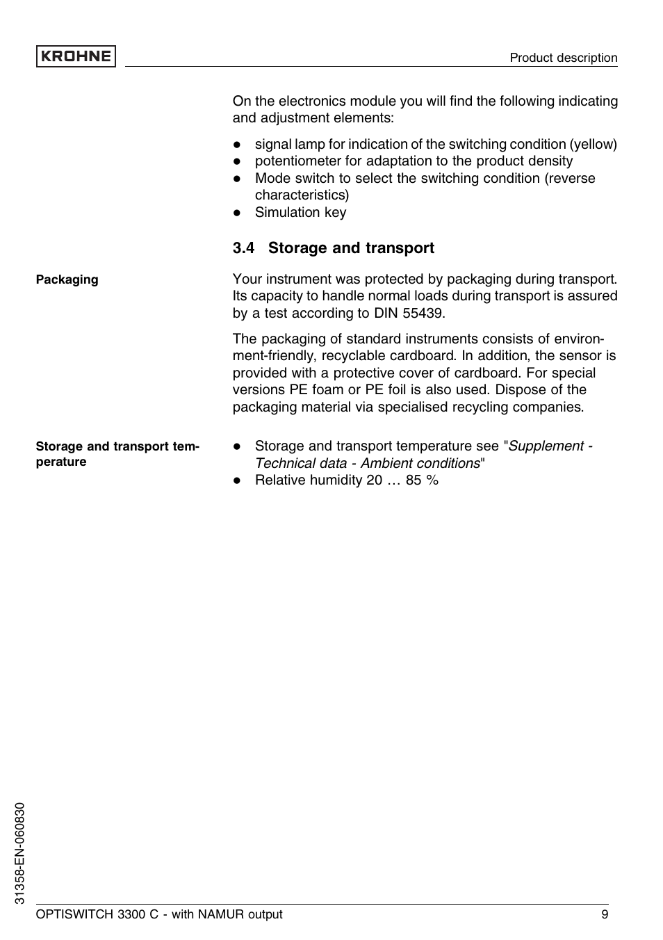 4 storage and transport | KROHNE OPTISWITCH 3300C NAMUR EN User Manual | Page 9 / 40