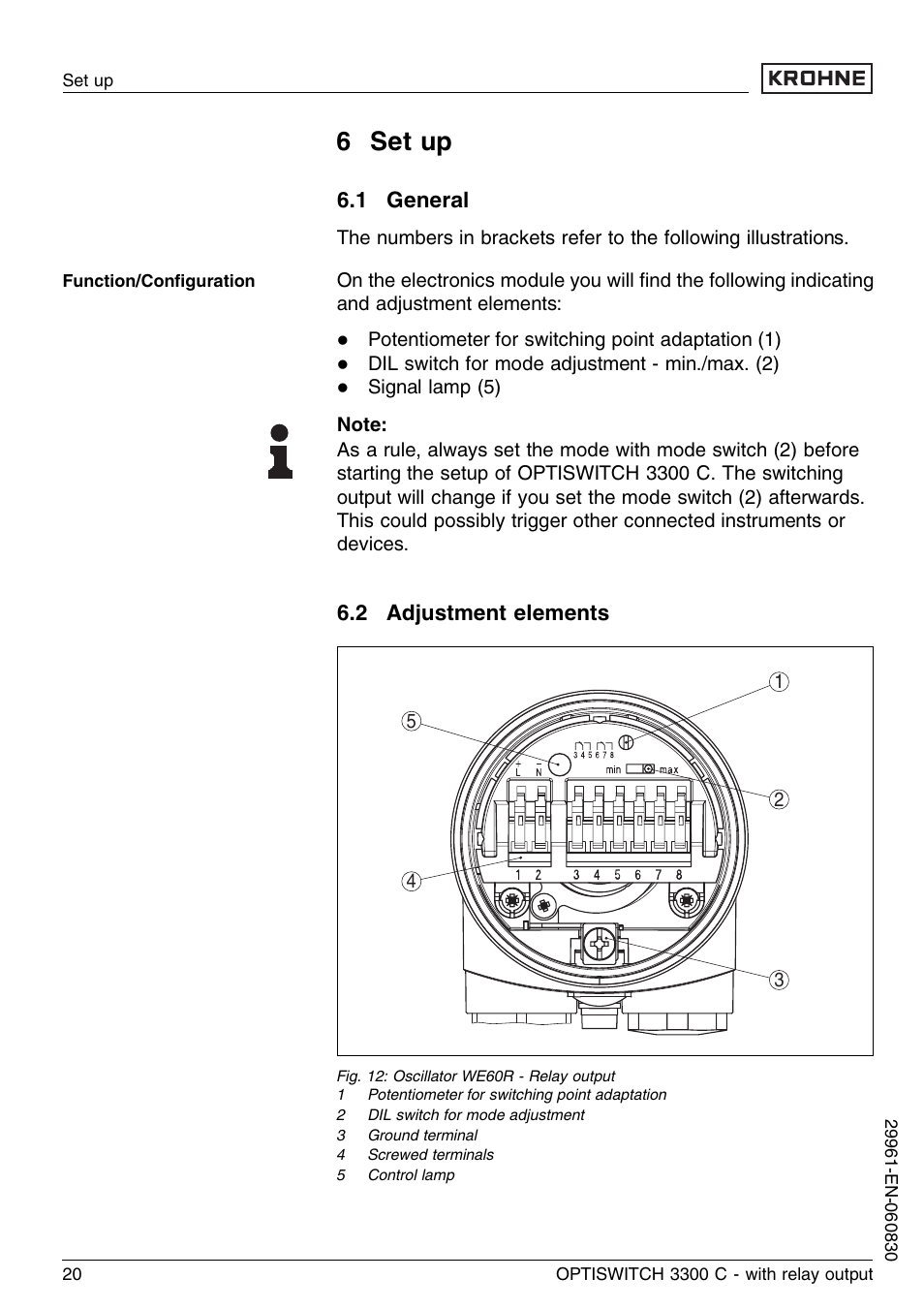 6 set up, 1 general, 2 adjustment elements | KROHNE OPTISWITCH 3300C Relay EN User Manual | Page 20 / 36