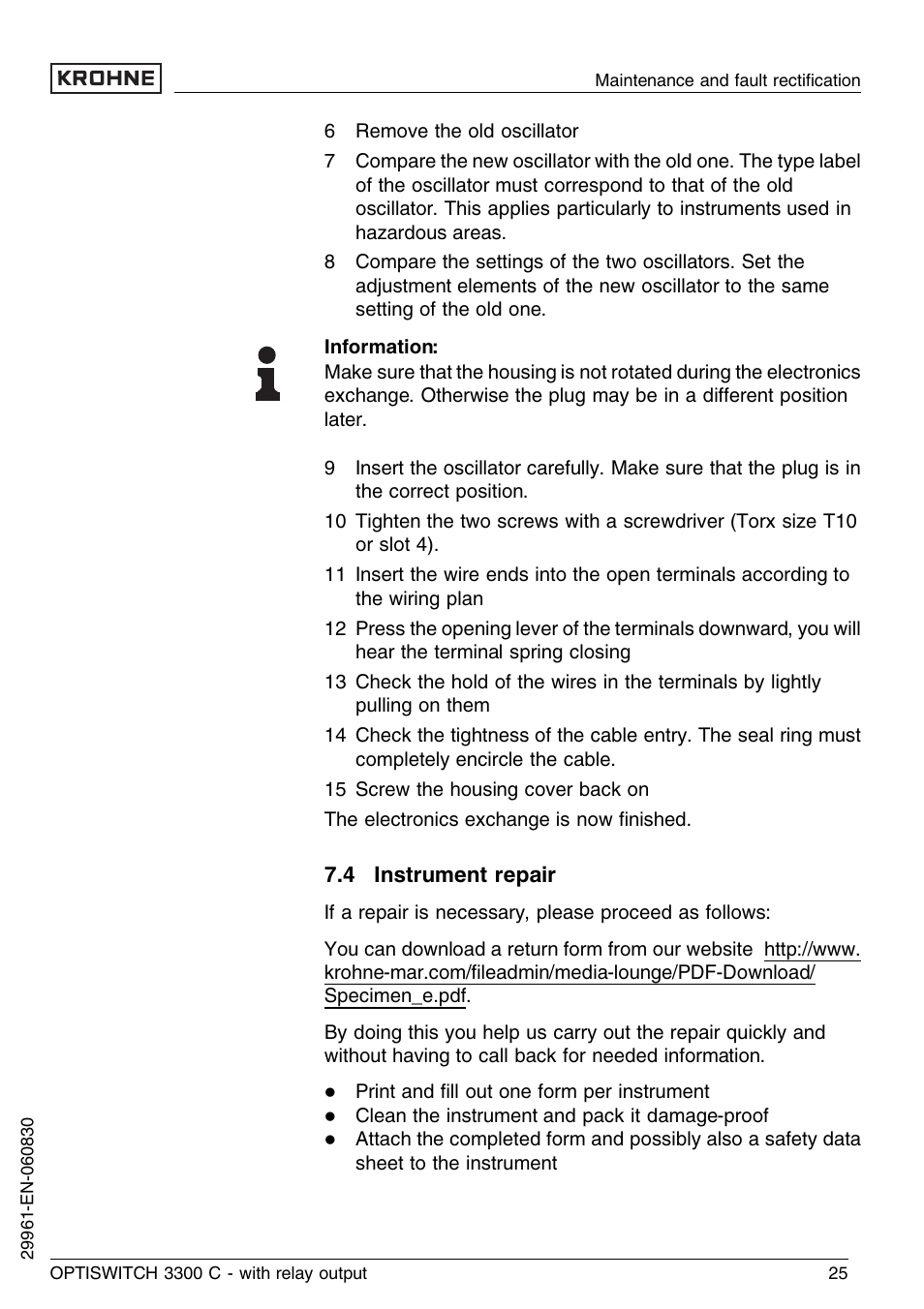 4 instrument repair | KROHNE OPTISWITCH 3300C Relay EN User Manual | Page 25 / 36