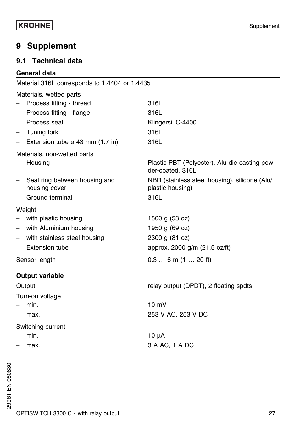 9 supplement, 1 technical data | KROHNE OPTISWITCH 3300C Relay EN User Manual | Page 27 / 36