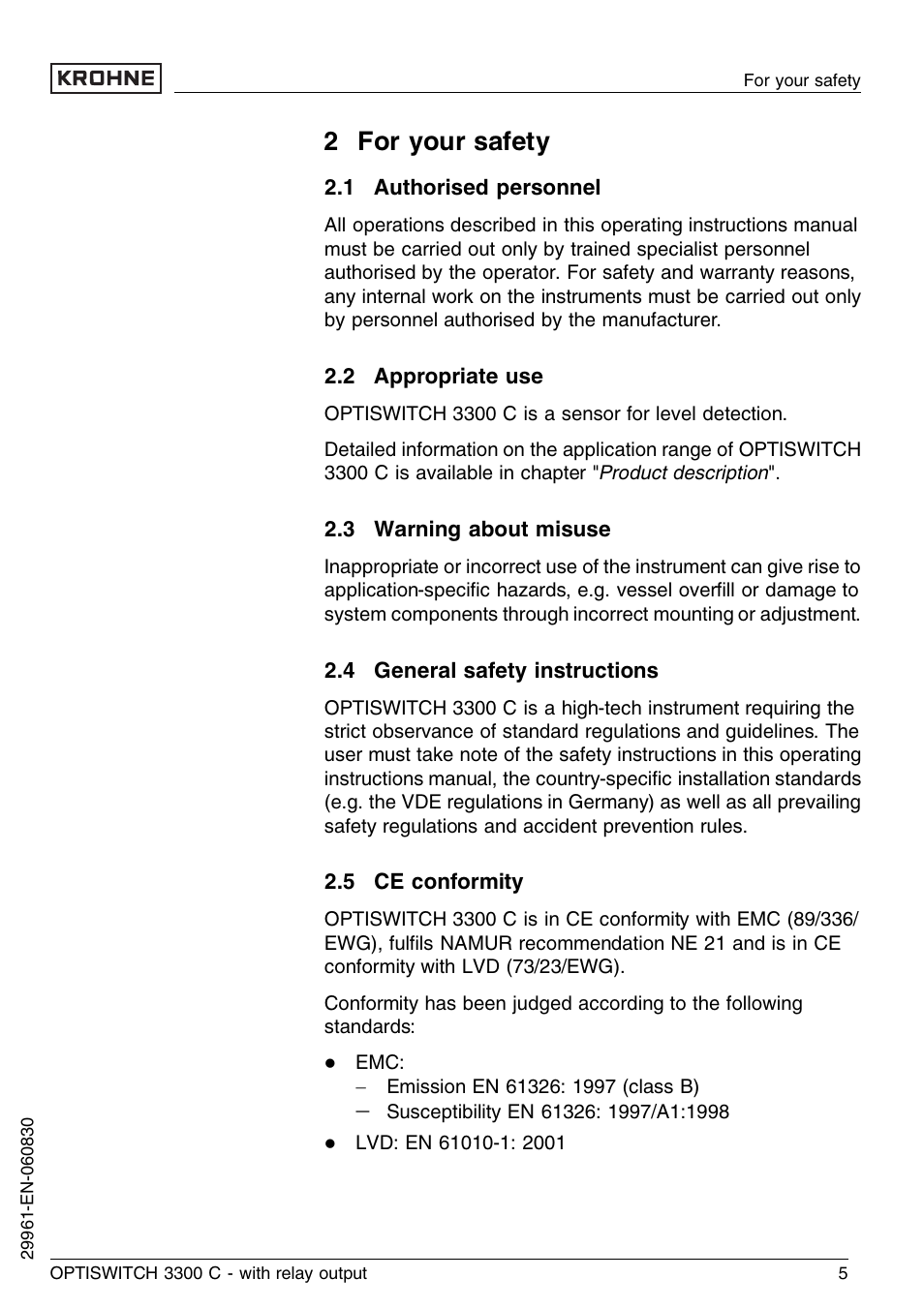 2 for your safety, 1 authorised personnel, 2 appropriate use | 3 warning about misuse, 4 general safety instructions, 5 ce conformity | KROHNE OPTISWITCH 3300C Relay EN User Manual | Page 5 / 36