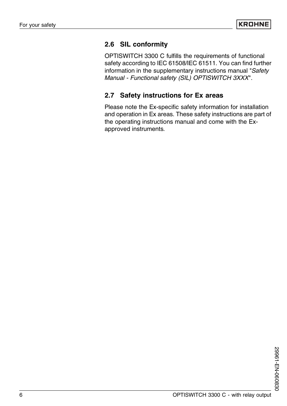 6 sil conformity, 7 safety instructions for ex areas | KROHNE OPTISWITCH 3300C Relay EN User Manual | Page 6 / 36