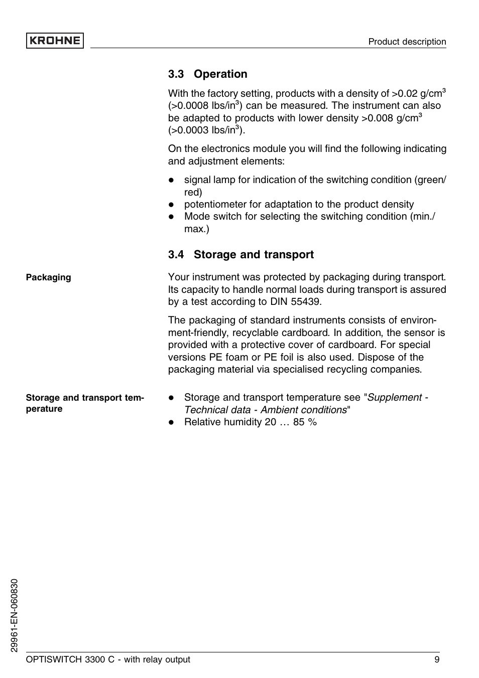 3 operation, 4 storage and transport | KROHNE OPTISWITCH 3300C Relay EN User Manual | Page 9 / 36