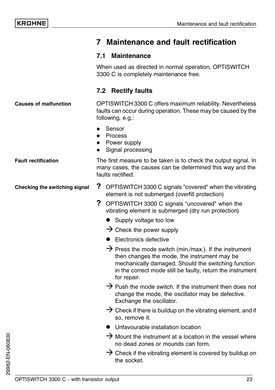 7 maintenance and fault rectification, 1 maintenance, 2 rectify faults | 7 maintenance and fault rectiﬁcation | KROHNE OPTISWITCH 3300C Transistor EN User Manual | Page 23 / 36
