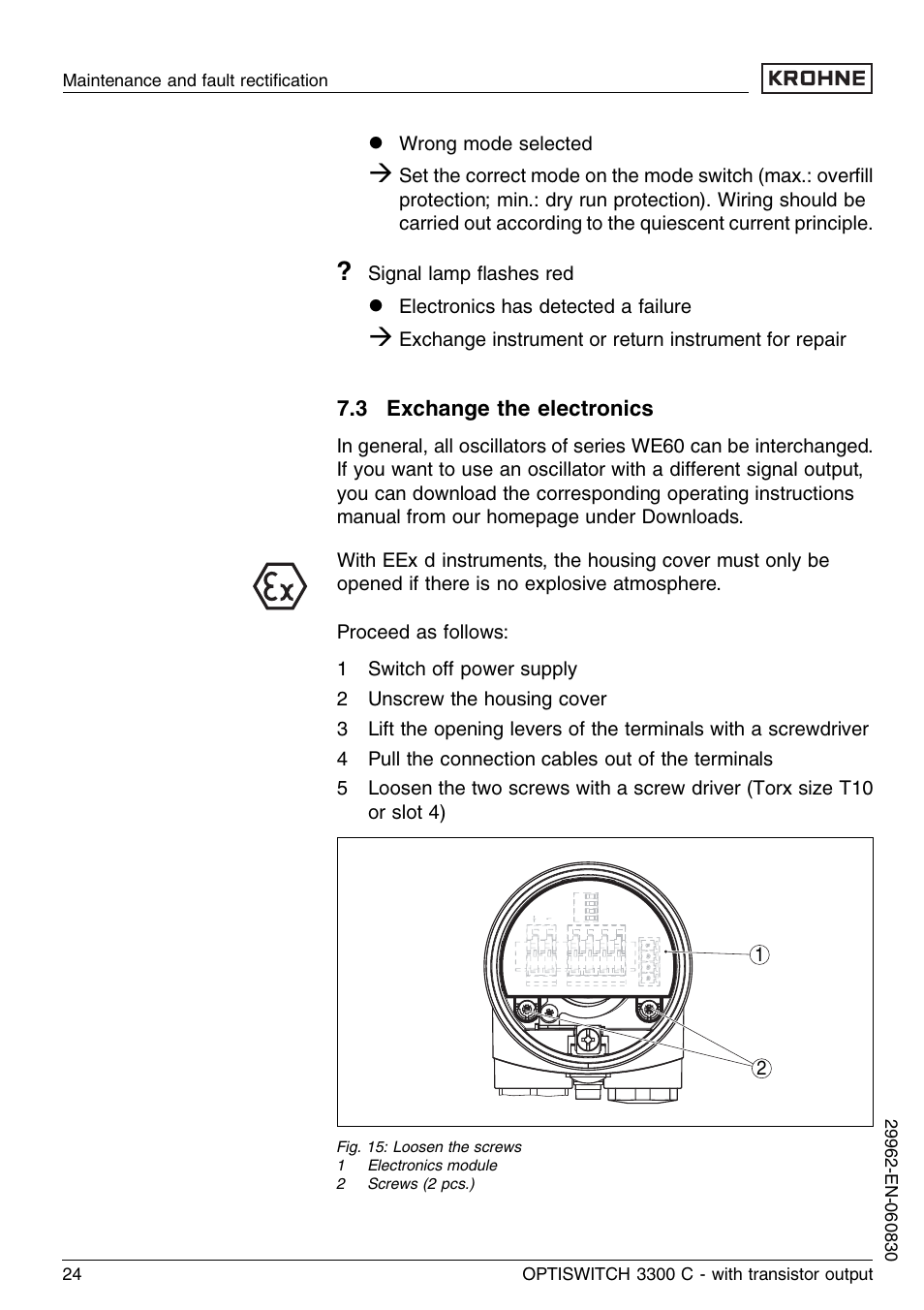 3 exchange the electronics | KROHNE OPTISWITCH 3300C Transistor EN User Manual | Page 24 / 36