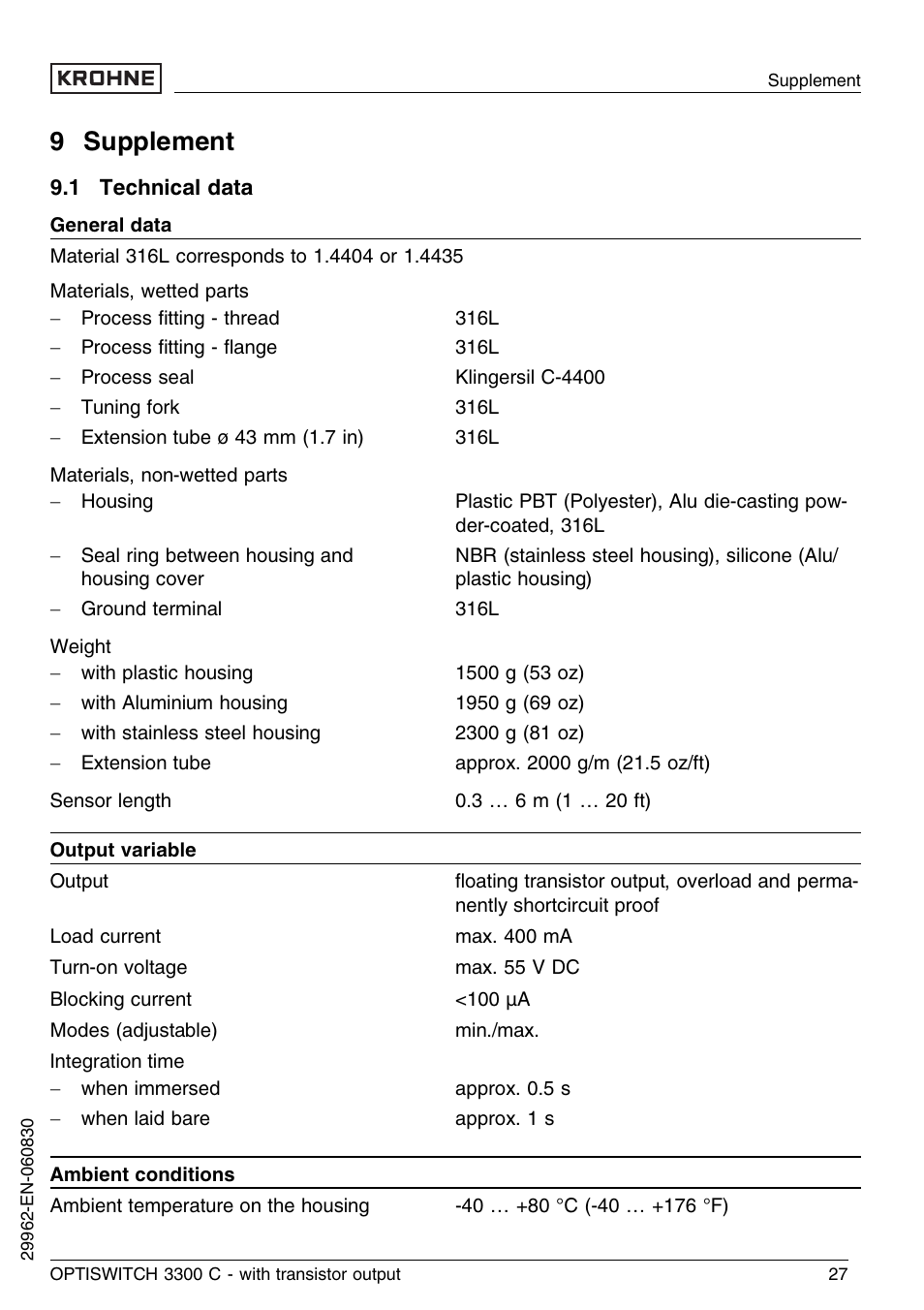 9 supplement, 1 technical data | KROHNE OPTISWITCH 3300C Transistor EN User Manual | Page 27 / 36