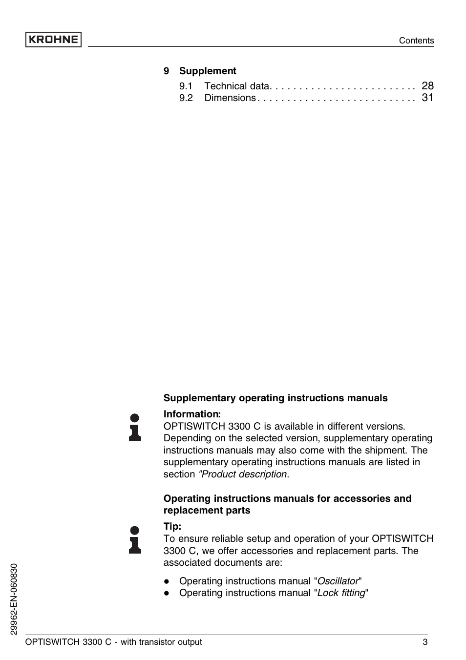 KROHNE OPTISWITCH 3300C Transistor EN User Manual | Page 3 / 36