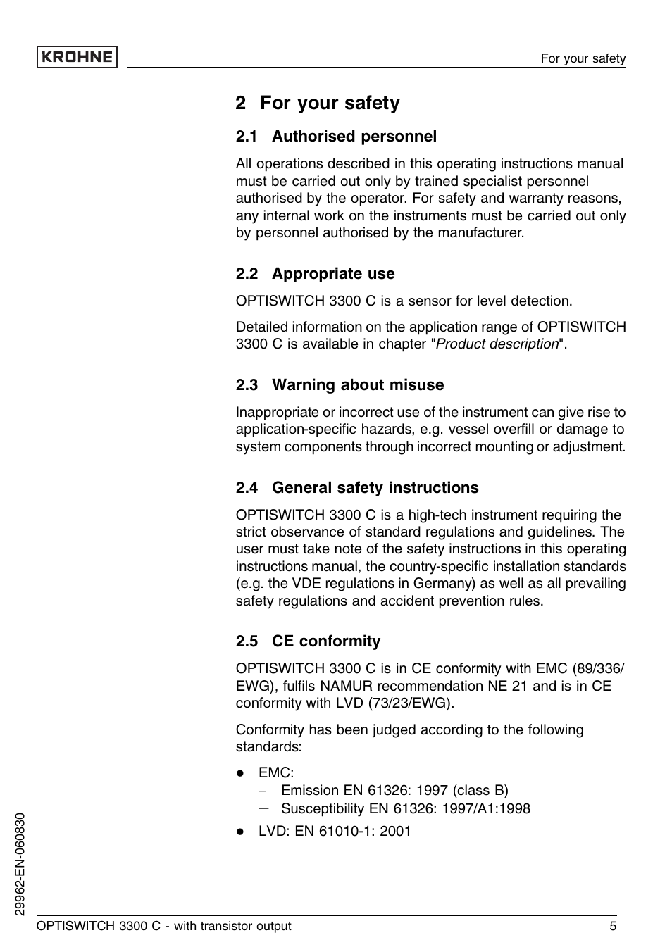 2 for your safety, 1 authorised personnel, 2 appropriate use | 3 warning about misuse, 4 general safety instructions, 5 ce conformity | KROHNE OPTISWITCH 3300C Transistor EN User Manual | Page 5 / 36