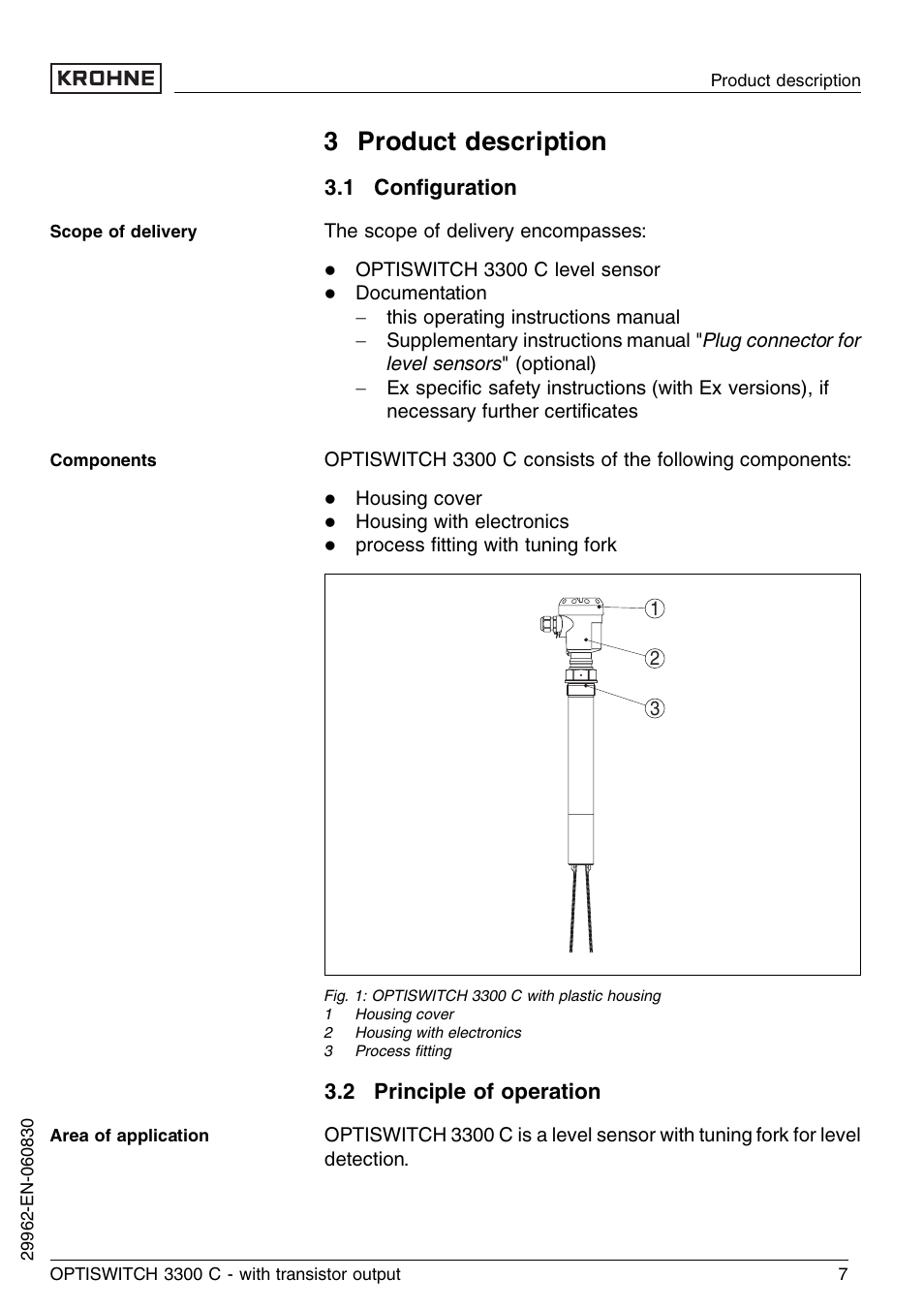3 product description, 1 configuration, 2 principle of operation | 1 conﬁguration | KROHNE OPTISWITCH 3300C Transistor EN User Manual | Page 7 / 36