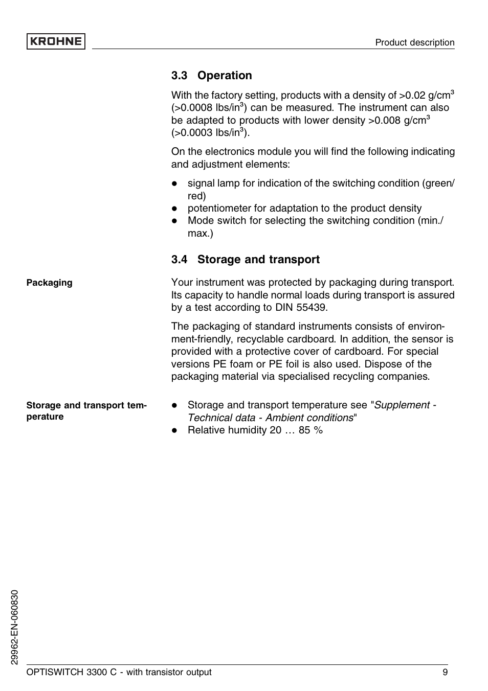 3 operation, 4 storage and transport | KROHNE OPTISWITCH 3300C Transistor EN User Manual | Page 9 / 36