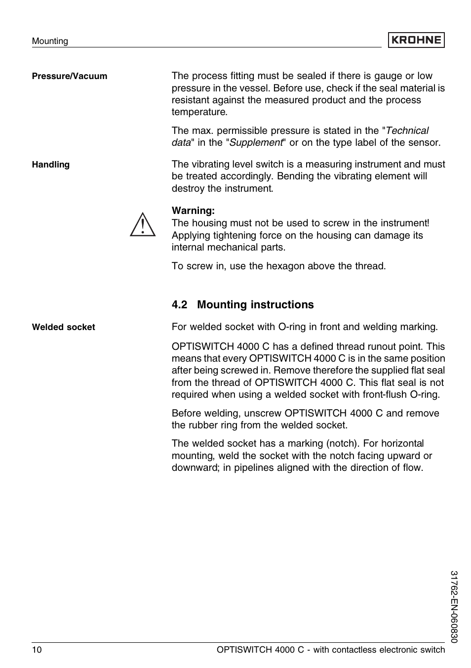 2 mounting instructions | KROHNE OPTISWITCH 4000C Contactless EN User Manual | Page 10 / 32