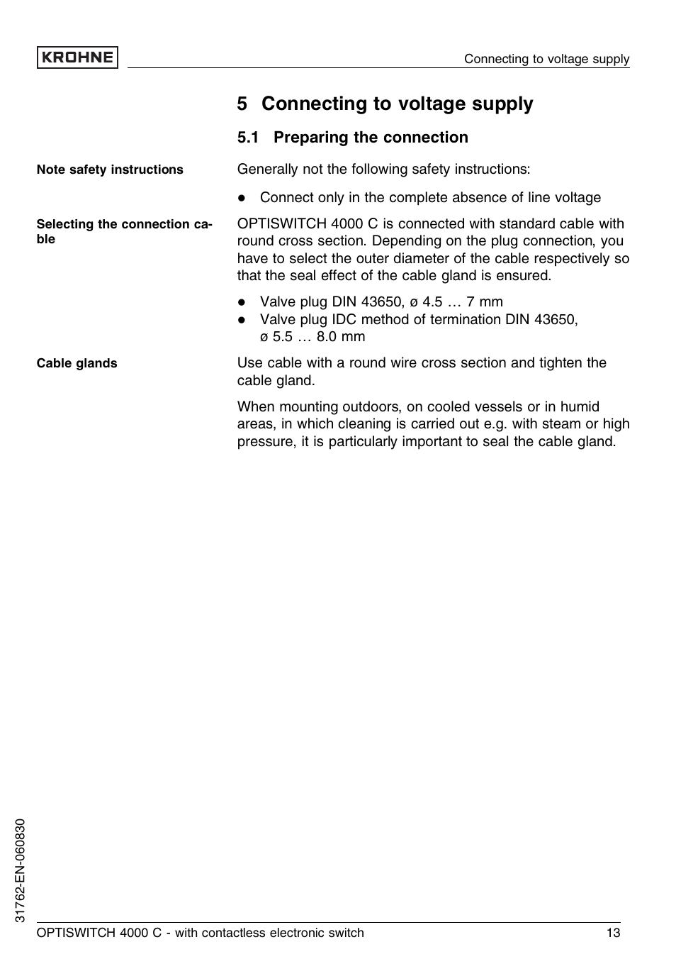 5 connecting to voltage supply, 1 preparing the connection | KROHNE OPTISWITCH 4000C Contactless EN User Manual | Page 13 / 32