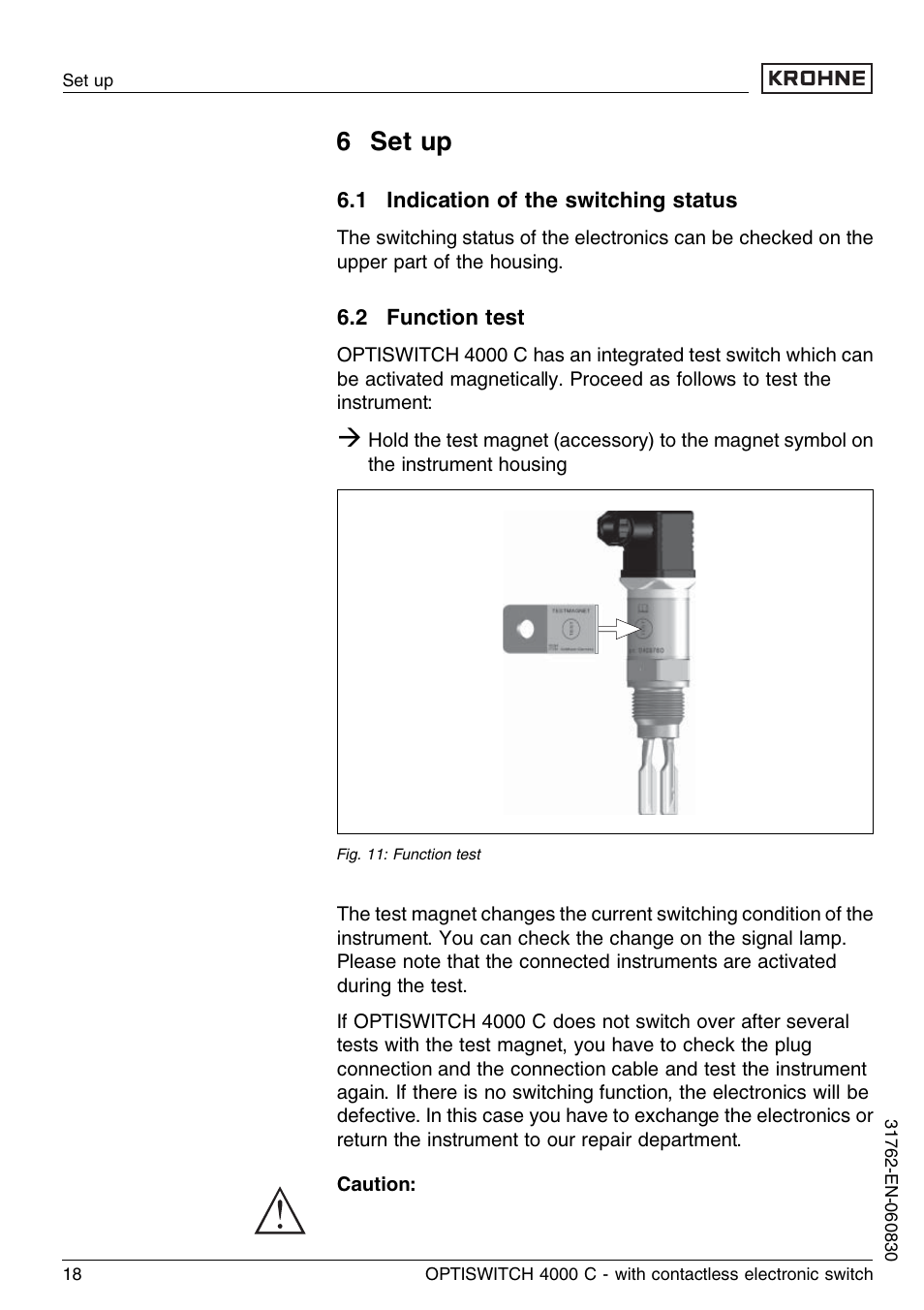 6 set up, 1 indication of the switching status, 2 function test | KROHNE OPTISWITCH 4000C Contactless EN User Manual | Page 18 / 32