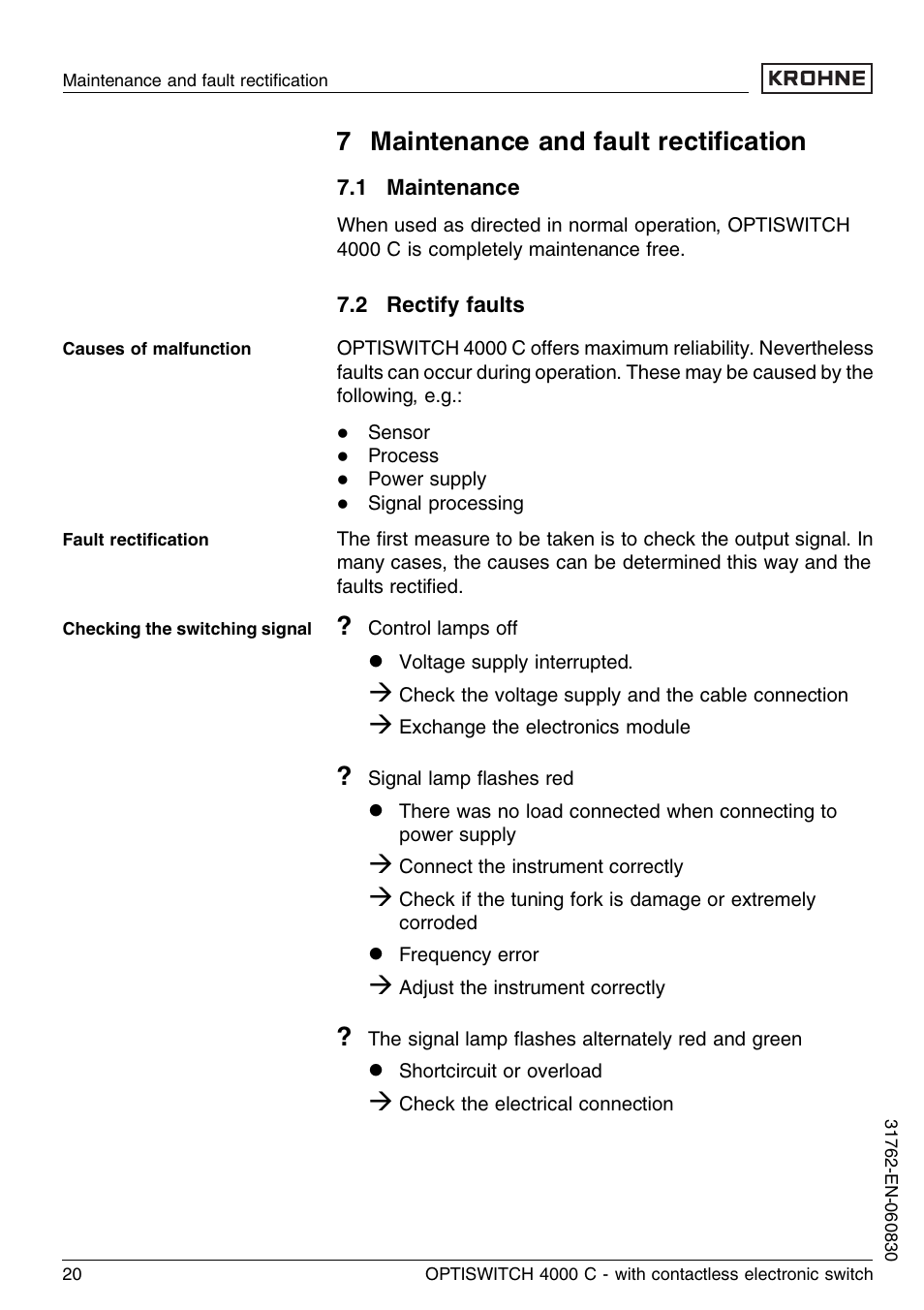 7 maintenance and fault rectification, 1 maintenance, 2 rectify faults | 7 maintenance and fault rectiﬁcation | KROHNE OPTISWITCH 4000C Contactless EN User Manual | Page 20 / 32