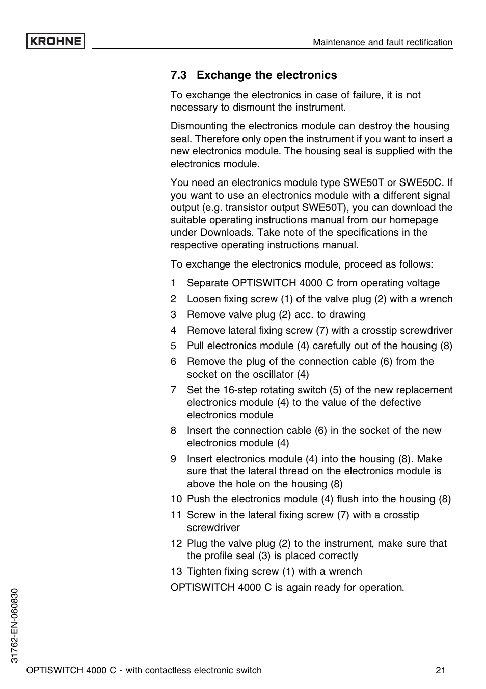 3 exchange the electronics | KROHNE OPTISWITCH 4000C Contactless EN User Manual | Page 21 / 32