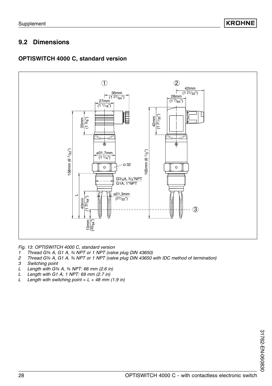 2 dimensions, Optiswitch 4000 c, standard version | KROHNE OPTISWITCH 4000C Contactless EN User Manual | Page 28 / 32