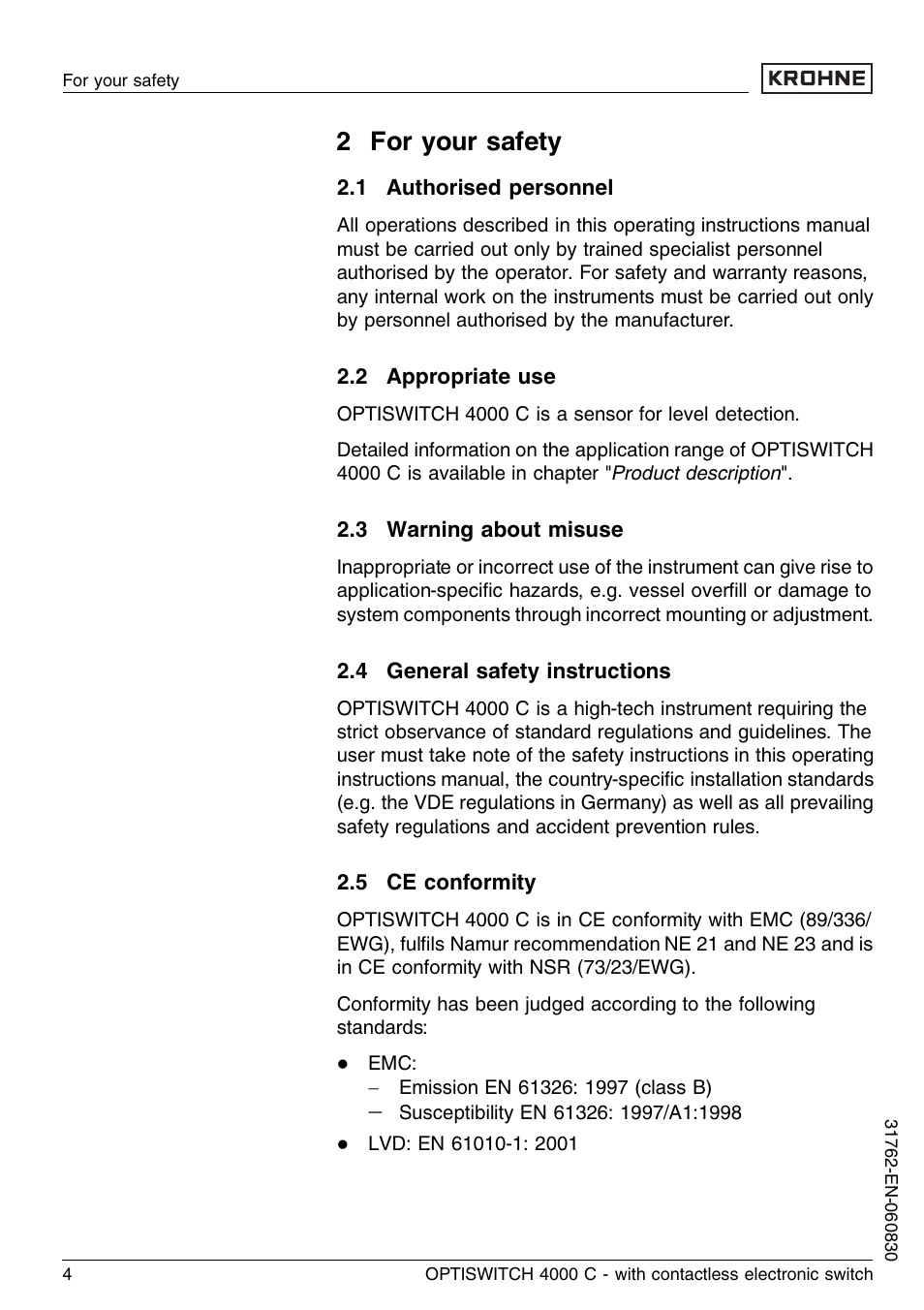 2 for your safety, 1 authorised personnel, 2 appropriate use | 3 warning about misuse, 4 general safety instructions, 5 ce conformity | KROHNE OPTISWITCH 4000C Contactless EN User Manual | Page 4 / 32