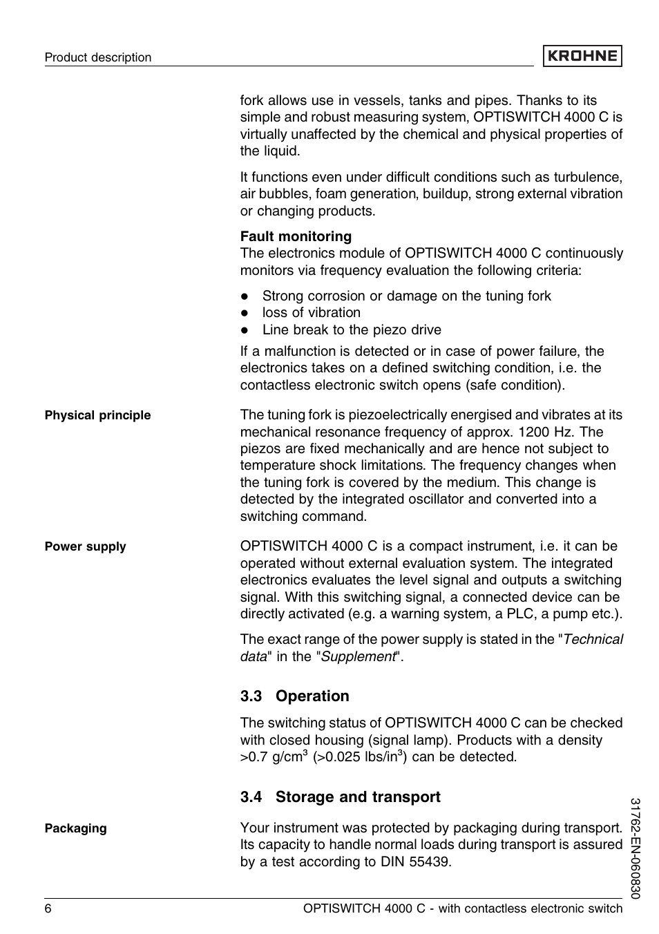 3 operation, 4 storage and transport | KROHNE OPTISWITCH 4000C Contactless EN User Manual | Page 6 / 32