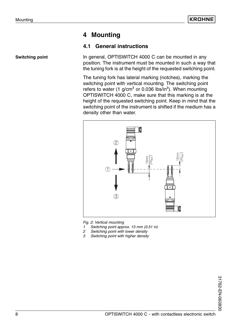 4 mounting, 1 general instructions | KROHNE OPTISWITCH 4000C Contactless EN User Manual | Page 8 / 32