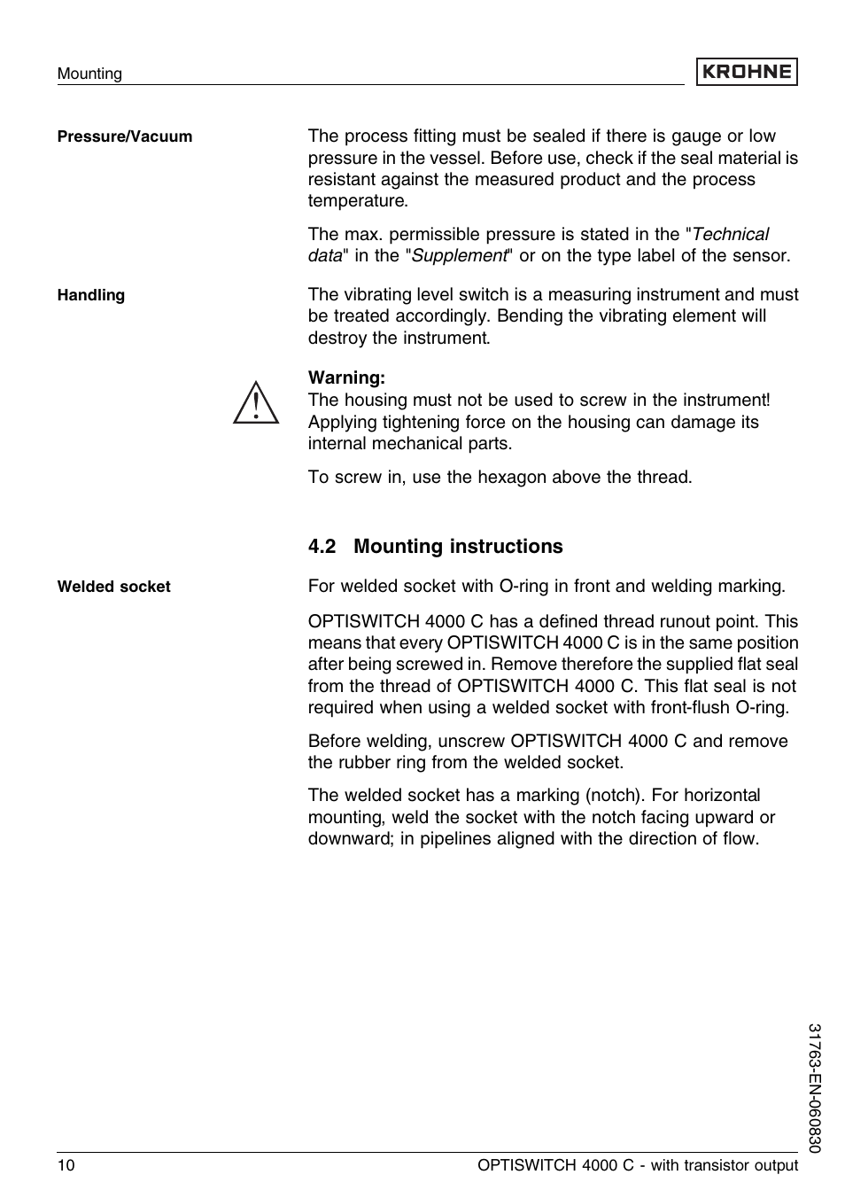 2 mounting instructions | KROHNE OPTISWITCH 4000C Transistor EN User Manual | Page 10 / 32