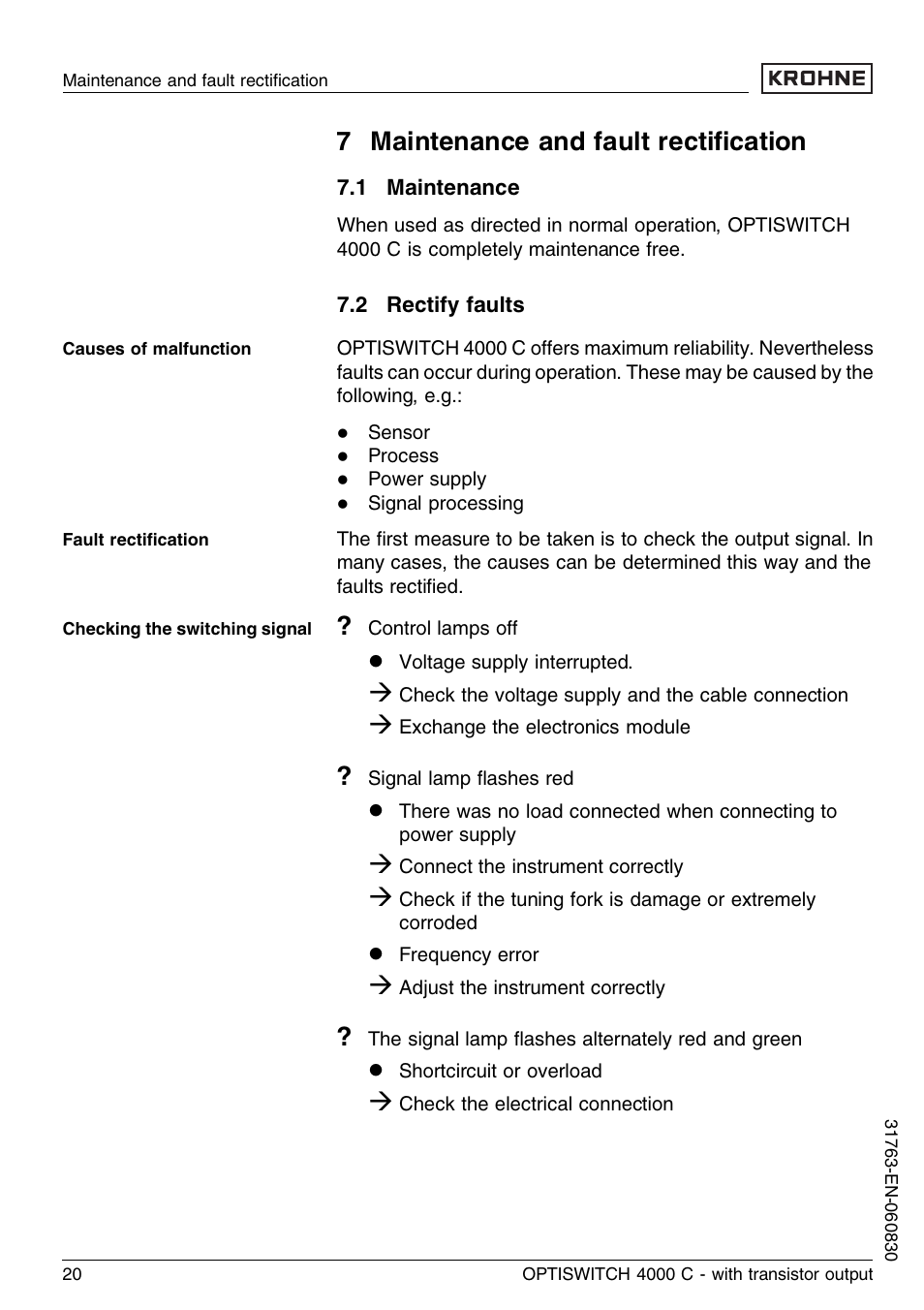 7 maintenance and fault rectification, 1 maintenance, 2 rectify faults | 7 maintenance and fault rectiﬁcation | KROHNE OPTISWITCH 4000C Transistor EN User Manual | Page 20 / 32