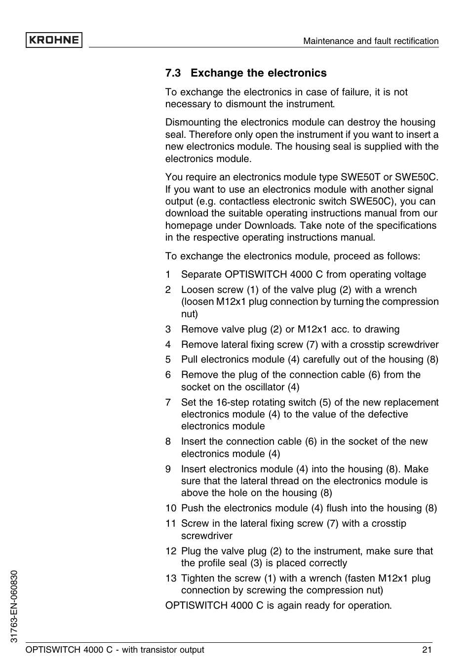 3 exchange the electronics | KROHNE OPTISWITCH 4000C Transistor EN User Manual | Page 21 / 32