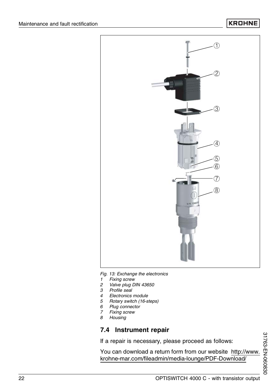 4 instrument repair | KROHNE OPTISWITCH 4000C Transistor EN User Manual | Page 22 / 32