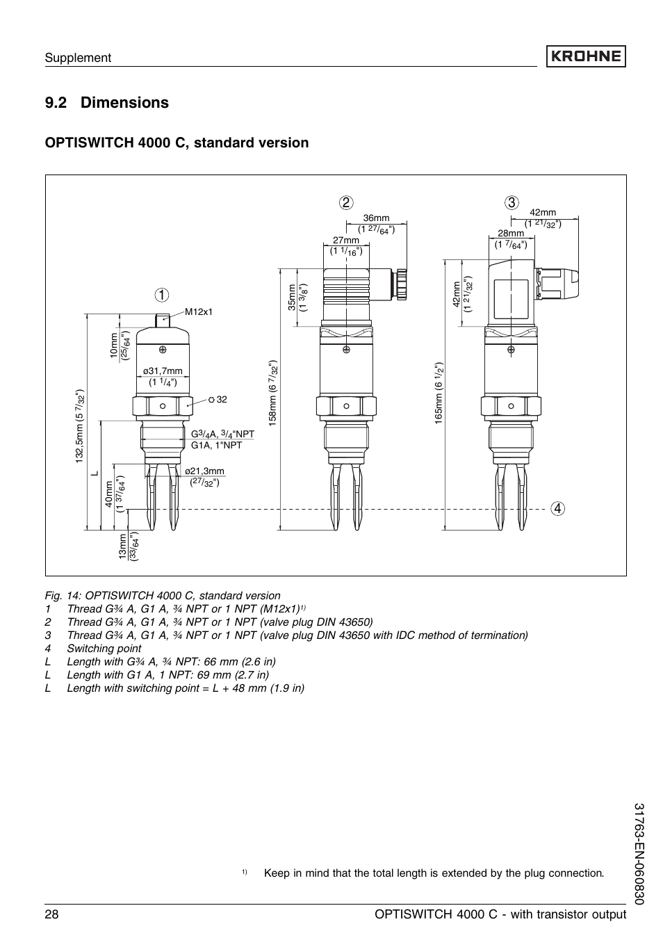 2 dimensions, Optiswitch 4000 c, standard version | KROHNE OPTISWITCH 4000C Transistor EN User Manual | Page 28 / 32