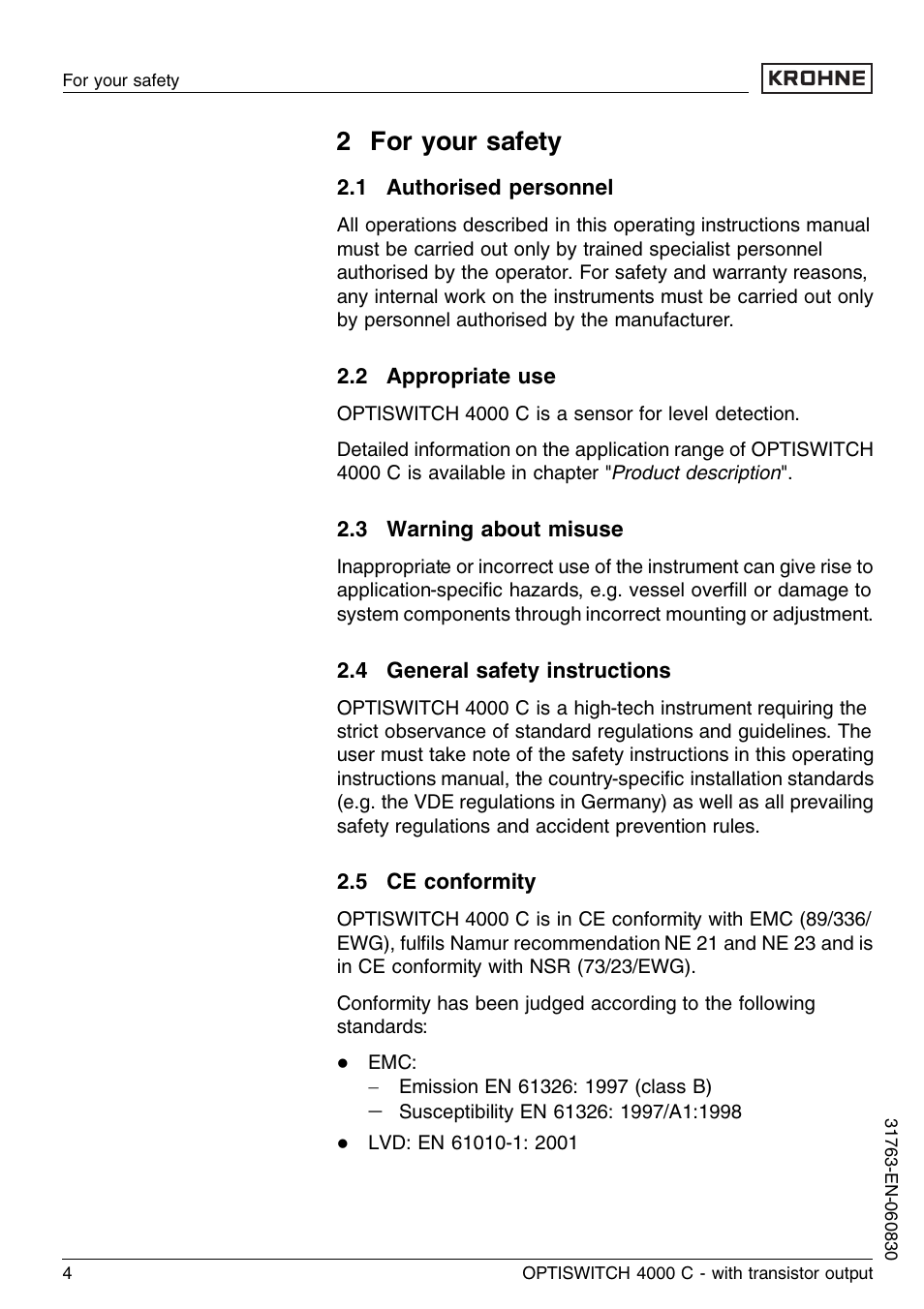 2 for your safety, 1 authorised personnel, 2 appropriate use | 3 warning about misuse, 4 general safety instructions, 5 ce conformity | KROHNE OPTISWITCH 4000C Transistor EN User Manual | Page 4 / 32