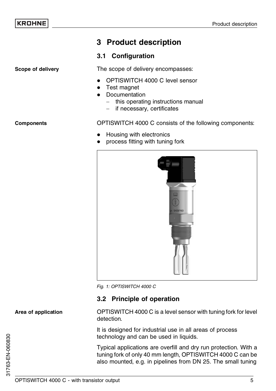 3 product description, 1 configuration, 2 principle of operation | KROHNE OPTISWITCH 4000C Transistor EN User Manual | Page 5 / 32