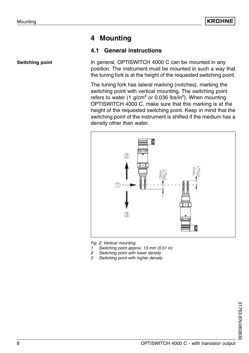 4 mounting, 1 general instructions | KROHNE OPTISWITCH 4000C Transistor EN User Manual | Page 8 / 32