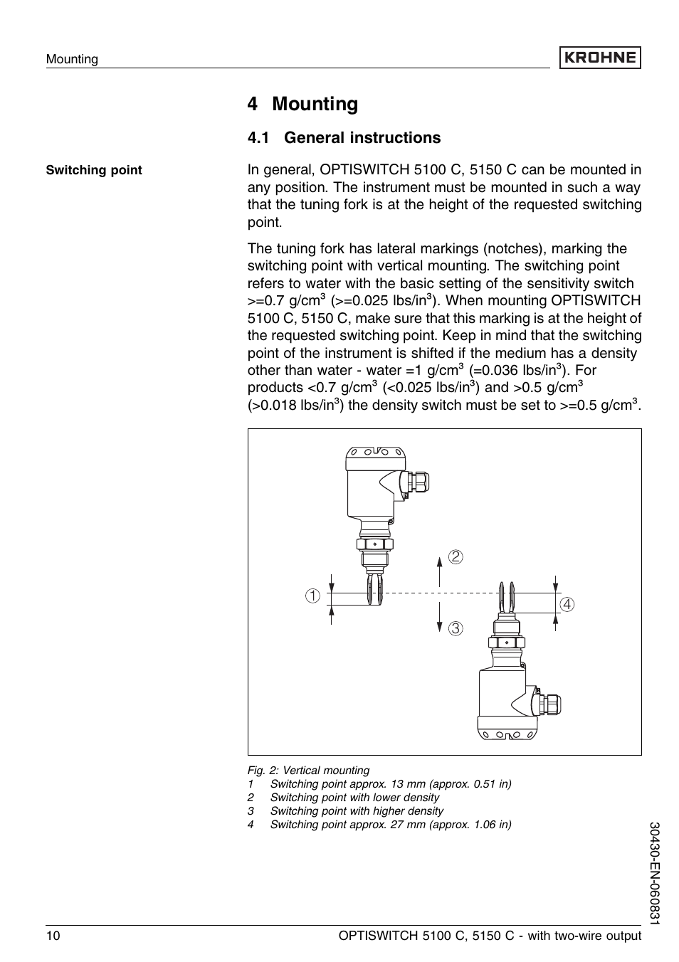 4 mounting, 1 general instructions | KROHNE OPTISWITCH 5100C 2wire EN User Manual | Page 10 / 36