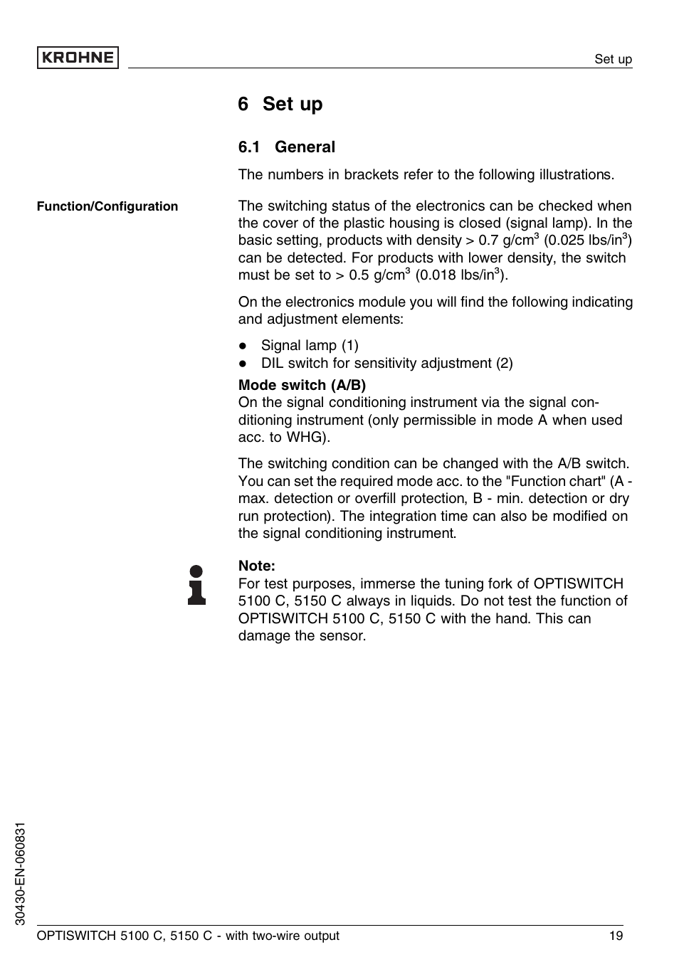 6 set up, 1 general | KROHNE OPTISWITCH 5100C 2wire EN User Manual | Page 19 / 36