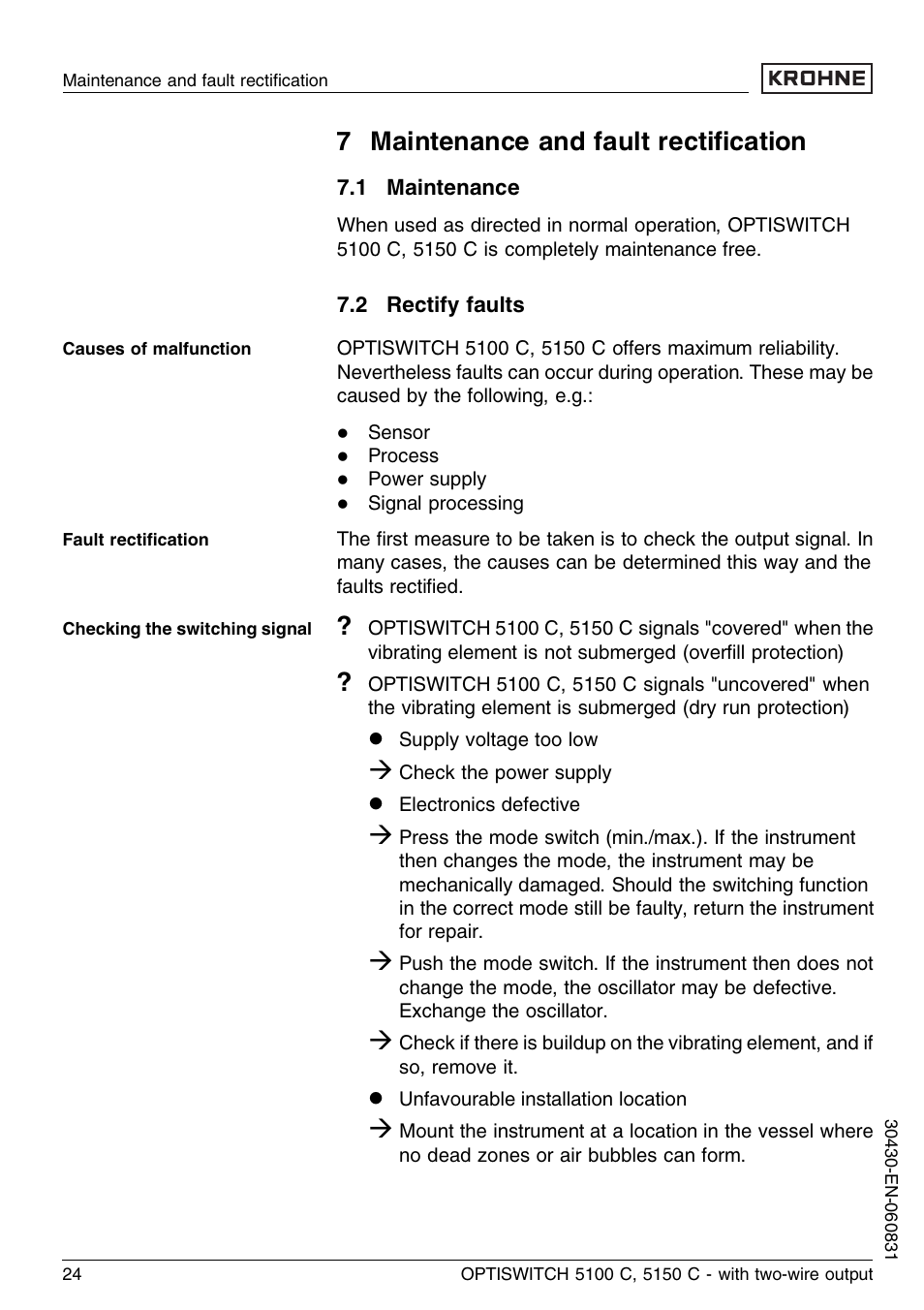 7 maintenance and fault rectification, 1 maintenance, 2 rectify faults | 7 maintenance and fault rectiﬁcation | KROHNE OPTISWITCH 5100C 2wire EN User Manual | Page 24 / 36