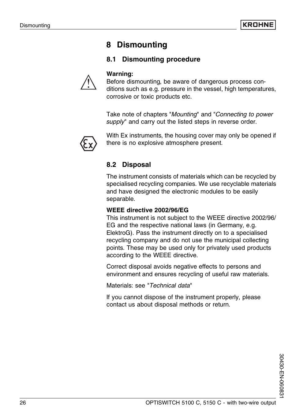 8 dismounting, 1 dismounting procedure, 2 disposal | KROHNE OPTISWITCH 5100C 2wire EN User Manual | Page 26 / 36