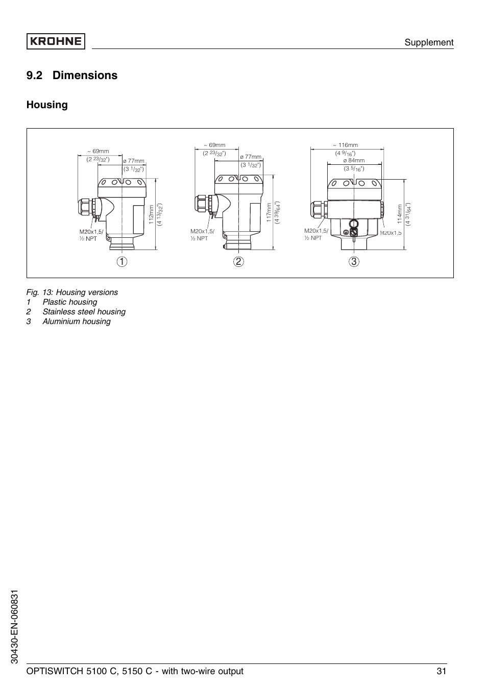 2 dimensions, Housing | KROHNE OPTISWITCH 5100C 2wire EN User Manual | Page 31 / 36