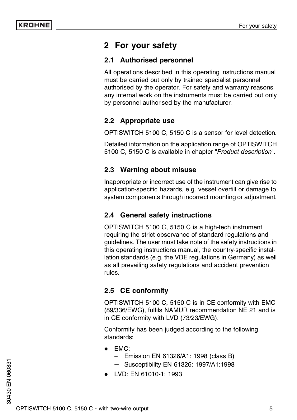 2 for your safety, 1 authorised personnel, 2 appropriate use | 3 warning about misuse, 4 general safety instructions, 5 ce conformity | KROHNE OPTISWITCH 5100C 2wire EN User Manual | Page 5 / 36