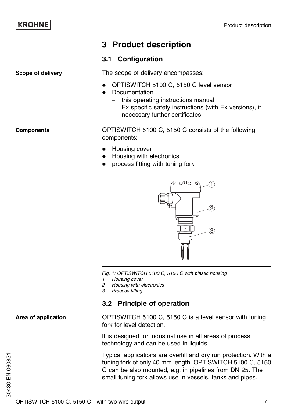 3 product description, 1 configuration, 2 principle of operation | KROHNE OPTISWITCH 5100C 2wire EN User Manual | Page 7 / 36