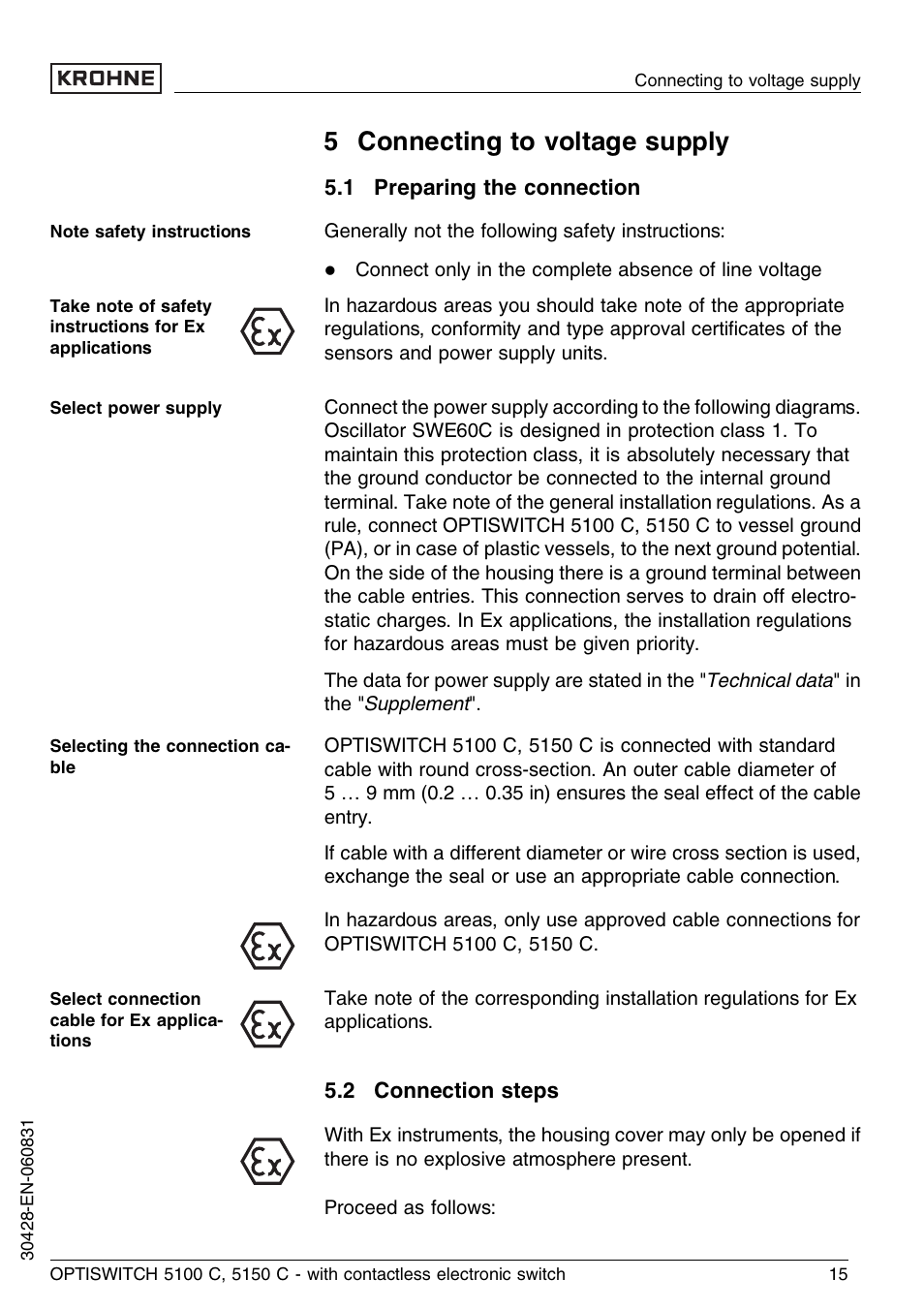 5 connecting to voltage supply, 1 preparing the connection, 2 connection steps | KROHNE OPTISWITCH 5100C Contactless EN User Manual | Page 15 / 32