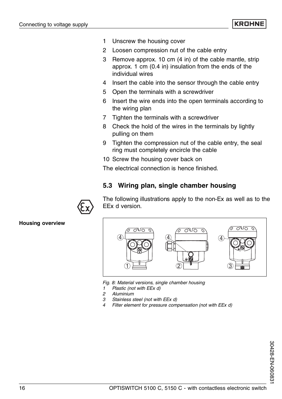 3 wiring plan, single chamber housing | KROHNE OPTISWITCH 5100C Contactless EN User Manual | Page 16 / 32