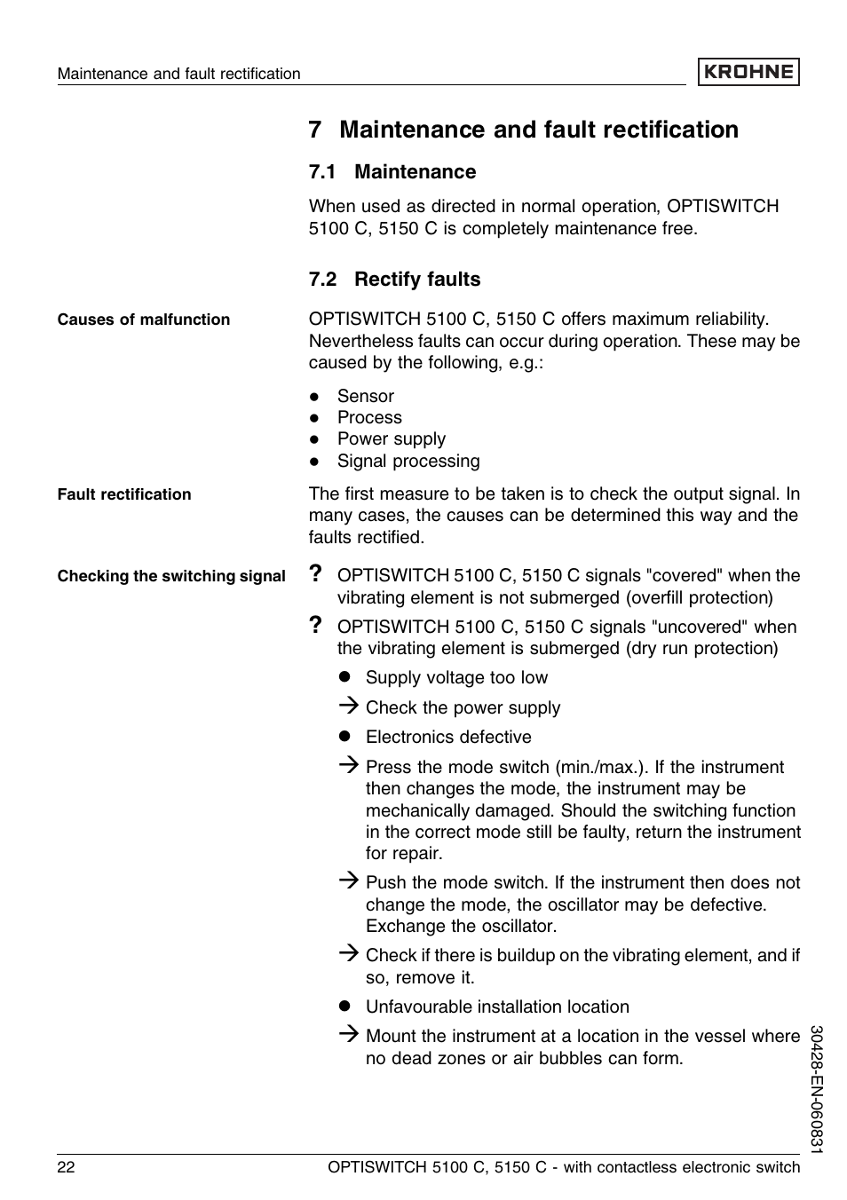 7 maintenance and fault rectification, 1 maintenance, 2 rectify faults | 7 maintenance and fault rectiﬁcation | KROHNE OPTISWITCH 5100C Contactless EN User Manual | Page 22 / 32