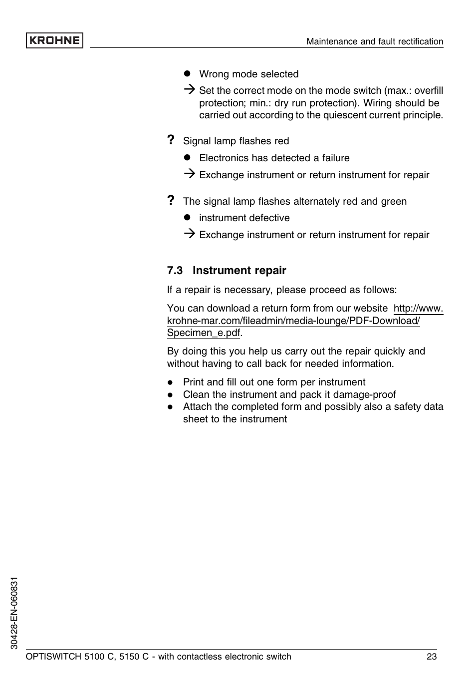 3 instrument repair | KROHNE OPTISWITCH 5100C Contactless EN User Manual | Page 23 / 32