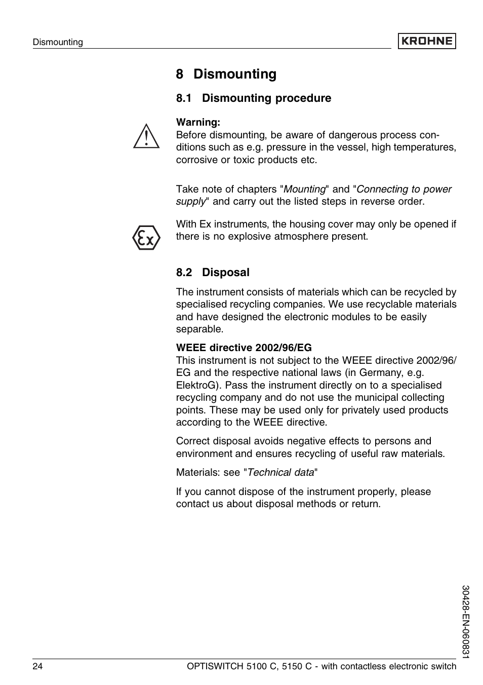 8 dismounting, 1 dismounting procedure, 2 disposal | KROHNE OPTISWITCH 5100C Contactless EN User Manual | Page 24 / 32
