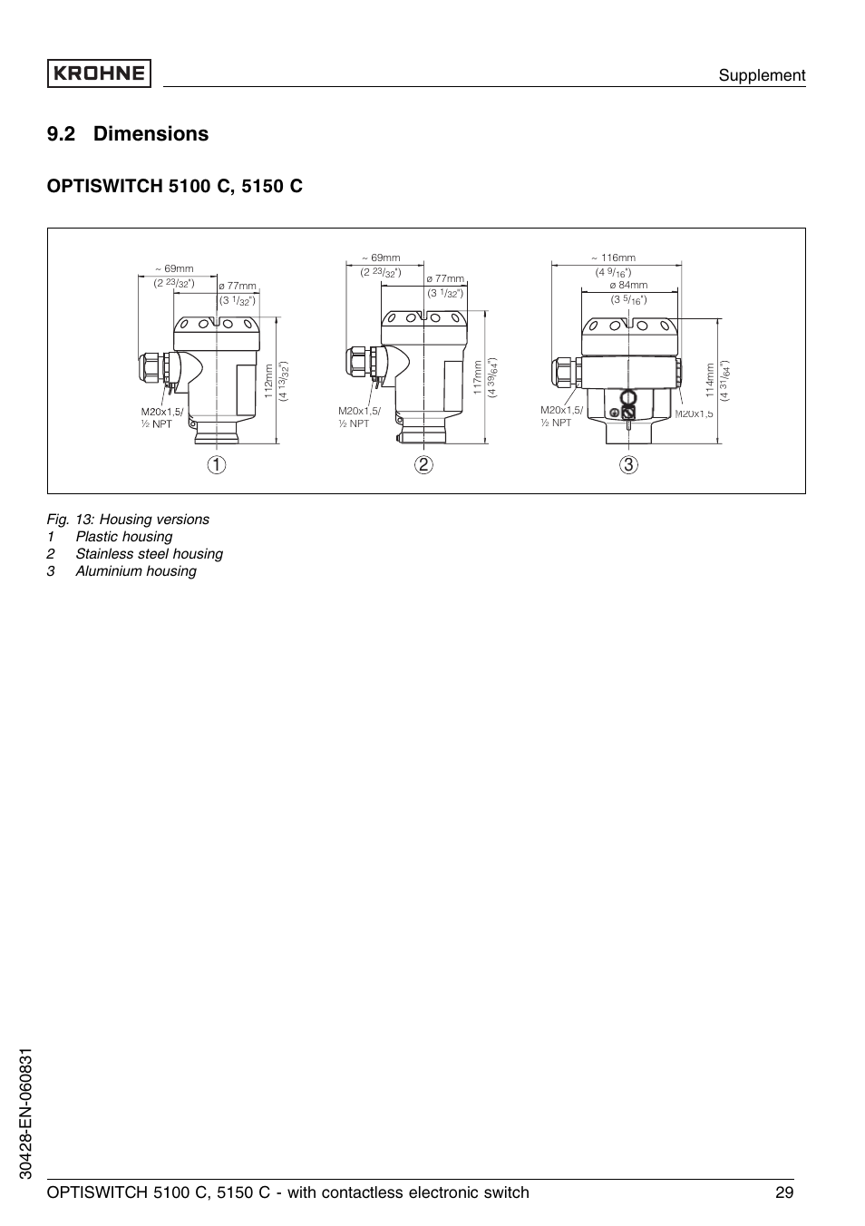 2 dimensions | KROHNE OPTISWITCH 5100C Contactless EN User Manual | Page 29 / 32